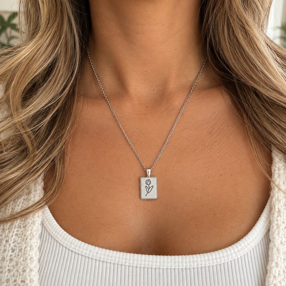 Silver Tone Tulip Flower Pendant Necklace Rectangular Floral Charm